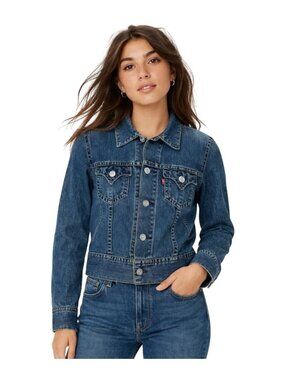 Y2K Levis Denim Cropped Trucker Jacket Blue Womens Medium